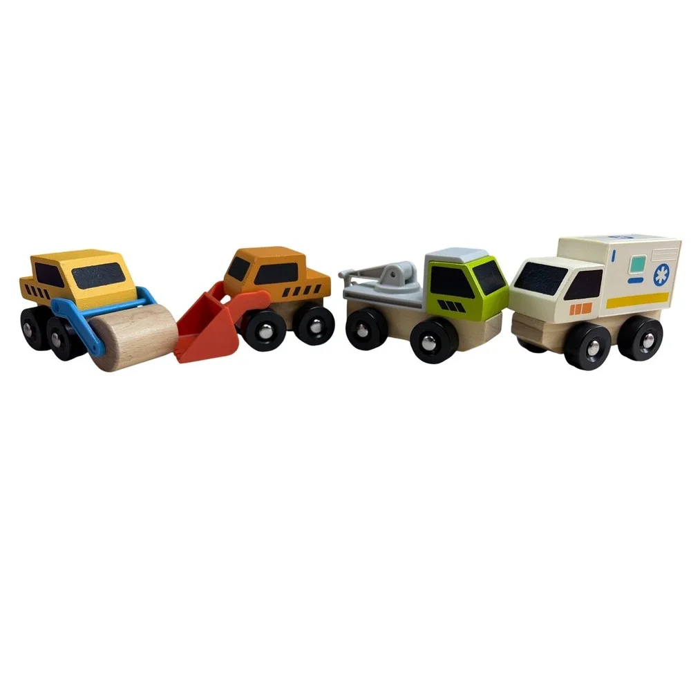 Set of 4 Wooden Toy Vehicles Steam Roller Excavator Tow Truck Ambulance Multi
